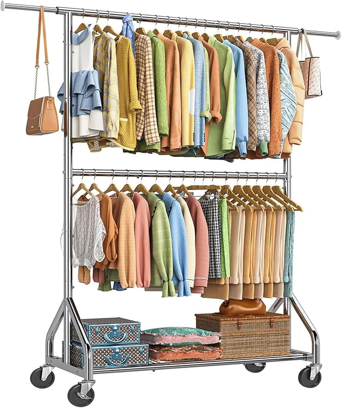 Simple Trending Heavy Duty Clothes Rack, Double Rod Clothing Rack with Wheels & Shelf, Rolling Garment Rack for Hanging Clothes, Adjustable Freestanding Wardrobe Closet for Bedroom, Laundry, Chrome