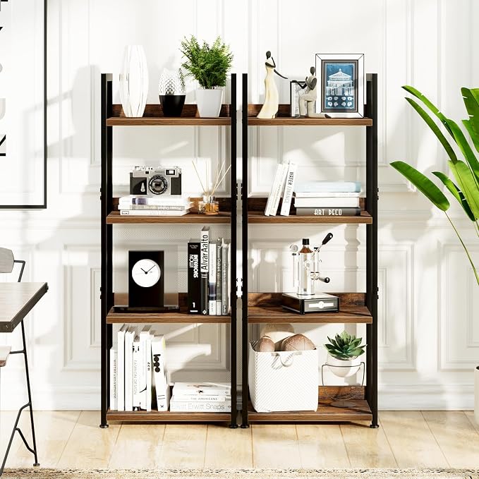 NUMENN Narrow Bookshelf, 4 Tier Freestanding Shelving Unit, Vintage | Small Book Shelf for Small Spaces, Metal Frame & Wood Shelves, Falling Prevention Baffle, Bookcase for Bedroom&Home Office