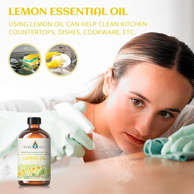 EVOKE OCCU Lemon Essential Oil for Cleansing Skin Home Diffuser Massage | DIY Cleaning Spray, Suitable for Cleaning Kitchen Countertops, Dishes, and Cookware, and for Freshening up – 118mL / 4 fl oz