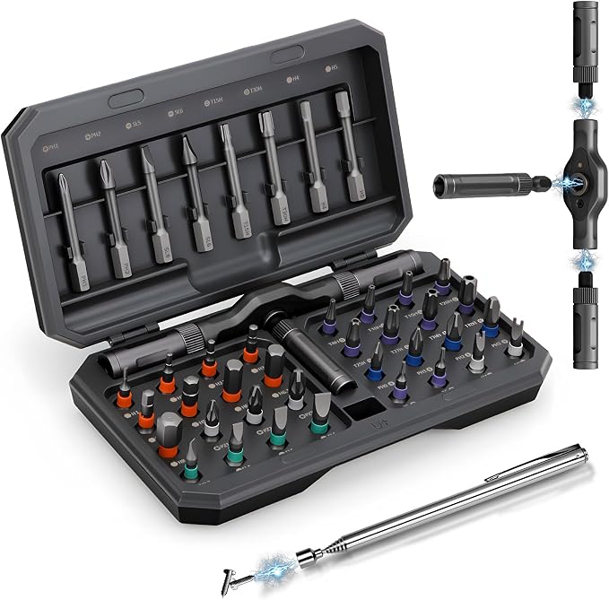 Magnetic Screwdriver Set, 42 in 1 T Handle Ratchet Screwdriver with S2 Steel Multi Bits, Portable Compact Repair Tool Kit with a Magnetic Pickup Tool for DIY, Furniture, Home Daily Repair (Grey)