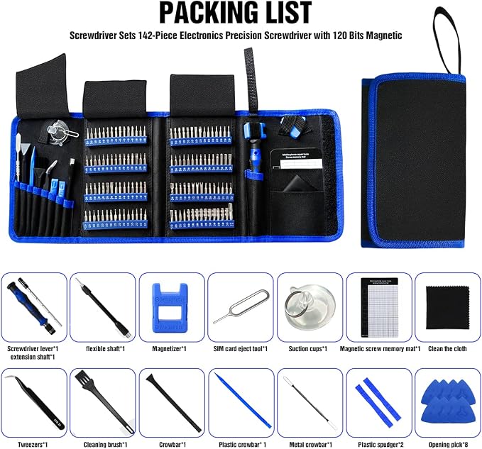 142 IN 1 Professional Computer Repair Tool Kit, Precision Screwdriver Set with 120 Bits Magnetic Repair Tool Kit for iPhone, MacBook, Computer, Laptop, PC, Tablet, PS4, Game Console, and Others | 120 Bits Magnetic Repair Tool Kit for iPhone,MacBook,Com...