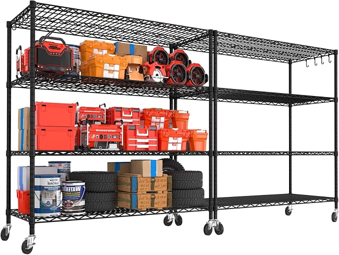 PrimeZone 2 Packs 55.5" W x 24" D x 80" H Heavy Duty Wire Storage Shelves with Wheels, 4 Tier Adjustable NSF Commercial Garage Shelving Unit, Rolling Metal Organizer Shelf Rack for Warehouse, Pantry
