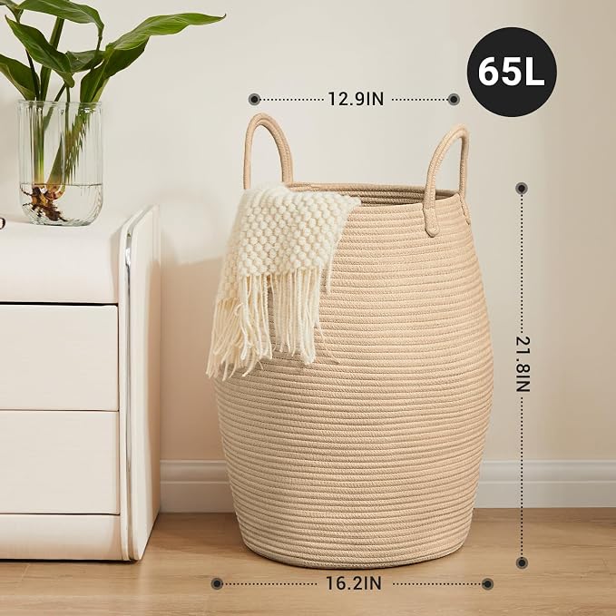 Large Laundry Hamper Basket 65L Woven Blanket Basket, Brown | Tall Clothes Hamper, Rope Wicker Laundry Basket, Storage Basket for Toys, Dirty Cothes in Bedroom, Living Room Organizer