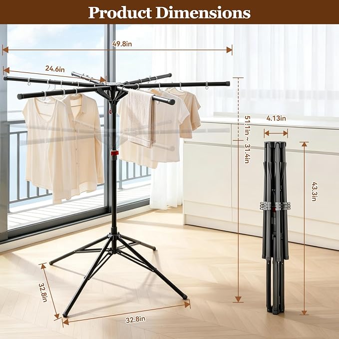 Adjustable Collapsible Umbrella Style Clothes Drying Rack, 4Legs6Telescopic Arms, Space-Saving Freestanding Laundry Airer with Windproof Clips, Easy Setup Indoor Outdoor (Black-Carbon Steel)