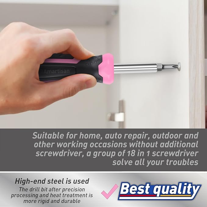 Amartisan 18-in-1 Multi-bit Screwdriver Set | Portable Multi-Purpose Screwdriver, Slotted/Philips/Pozi/Torx/Square,Nut Driver (Pink)