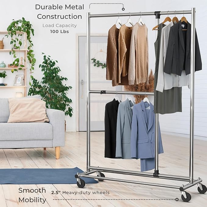 Simple Houseware Dual Bar Adjustable Clothing Garment Rack, 72" H, Chrome | Extendable Middle Bar from 23" to 42.75 Inches Width