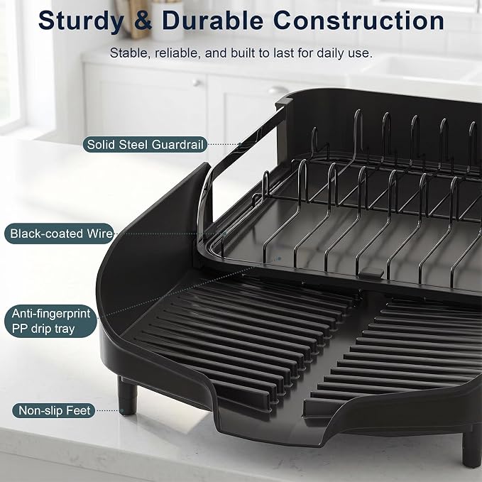 PULIDIKI Dish Drying Rack, Expandable Dish Rack for Kitchen Counter, Stainless Steel Dish Drainer with Utensil Holder, Kitchen Plate Organizer for Cup and Bottle