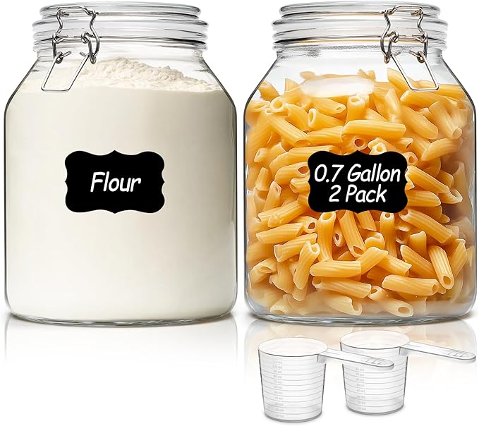 ComSaf Glass Pantry Jars with Airtight Lids 0.7 Gallon 2 Pack Wide Mouth | Flour sugar rice, Sourdough pickling, Pantry organization, Scoop included, Baking supplies, Bulk food storage, Large capacity