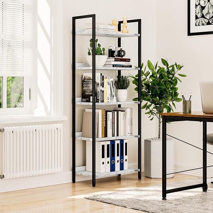 NUMENN Bookshelf, 5 Tier Freestanding Shelving Unit, White Marble | Metal Frame & Wood Shelves, Falling Prevention Baffle, Open Storage Bookcase for Bedroom, Living Room & Home Office