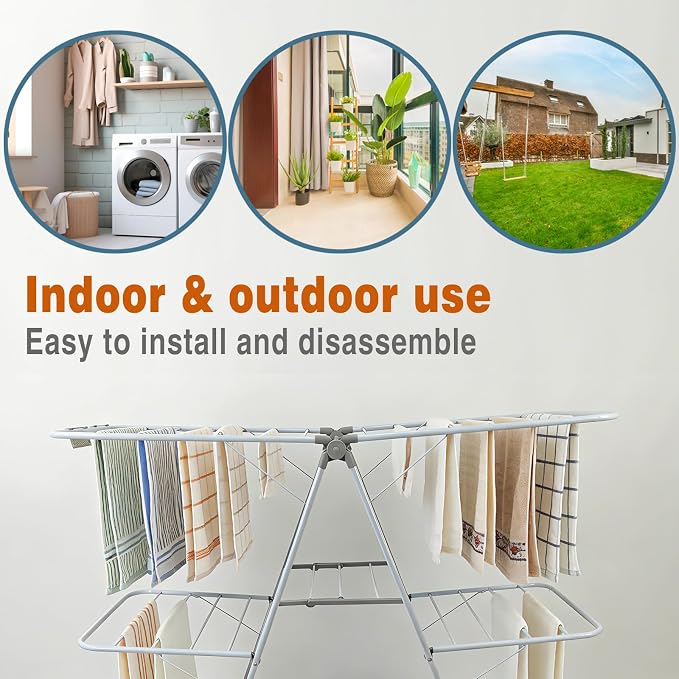 Clothes Drying Rack, Foldable 2-Level Laundry Racks for Drying Clothes Rack,Stainless Steel Drying Rack Clothing Collapsible for Indoor Outdoor,with Height-Adjustable Wings,Gray