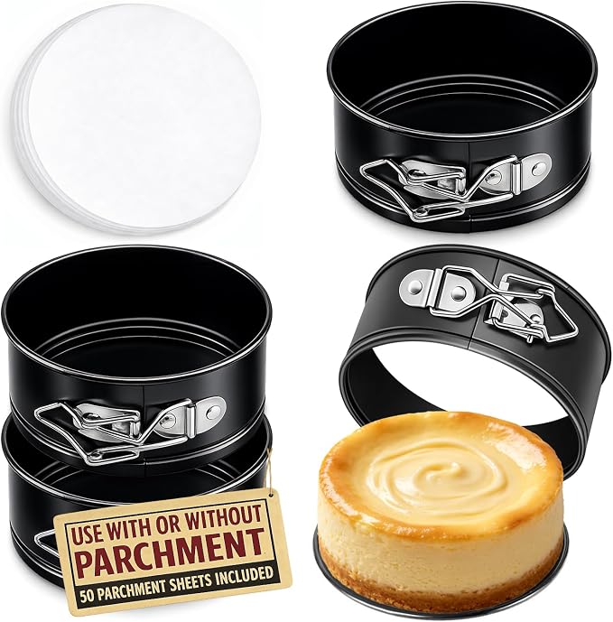 Tellshun 4 Pack Small Springform Cheesecakes Pan Tins Set 4 Inch Mini Baking Mold 4 Pieces Round Leakproof Nonstick Removable Bottom Bakeware for Pie Pizzas and Quiches Includes 50Pcs Parchment Paper
