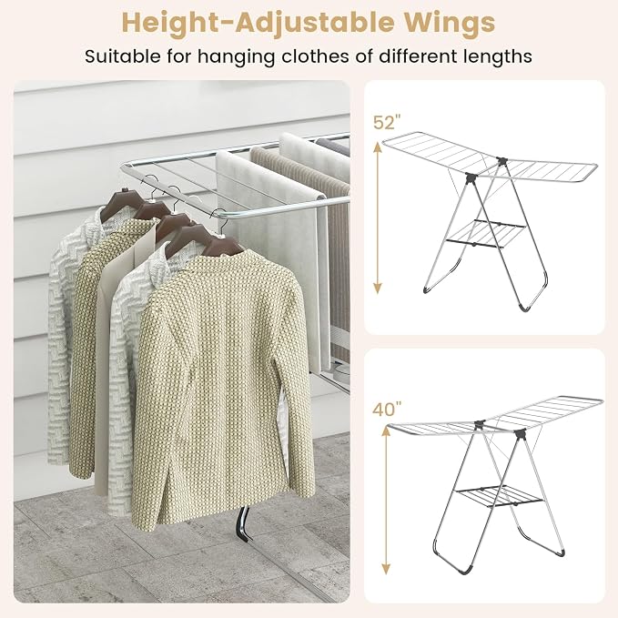 Tangkula 2-Level Collapsible Clothes Drying Rack w/Height-Adjustable Wings | Light-Weight Aluminum | Bottom Shoe Rack | No Assembly | Foldable & Space-Saving| for Laundry Room, Balcony, Patio | Silver