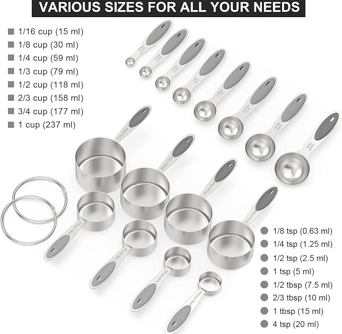 Wildone Stainless Measuring Cups and Spoons Set with Silicone Handle, 16pcs | 8 Measuring Cups and 8 Measuring Spoons, Nesting Design, Heavy Duty for Measuring Dry/Liquid Ingredients, Gray