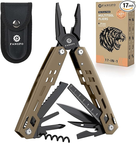 Multitool 17-in-1 Stainless Steel Multi Tool with Pocket Knife Needle Nose Pliers Bottle Opener Screwdriver Self-Locking Professional Multi-Tool for Outdoor Survival Gifts for Men(Brown)