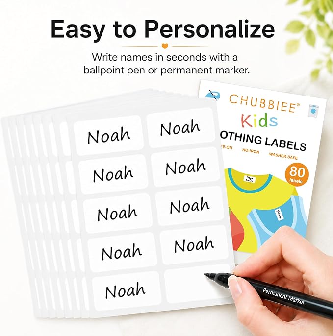 All Purpose No-Iron Kids Clothing Labels, 80-Pack | Self-Stick Write-On Fabric Labels for Camp, School, Daycare, Nursing Care, Toys, Organizing, Washer & Dryer Safe