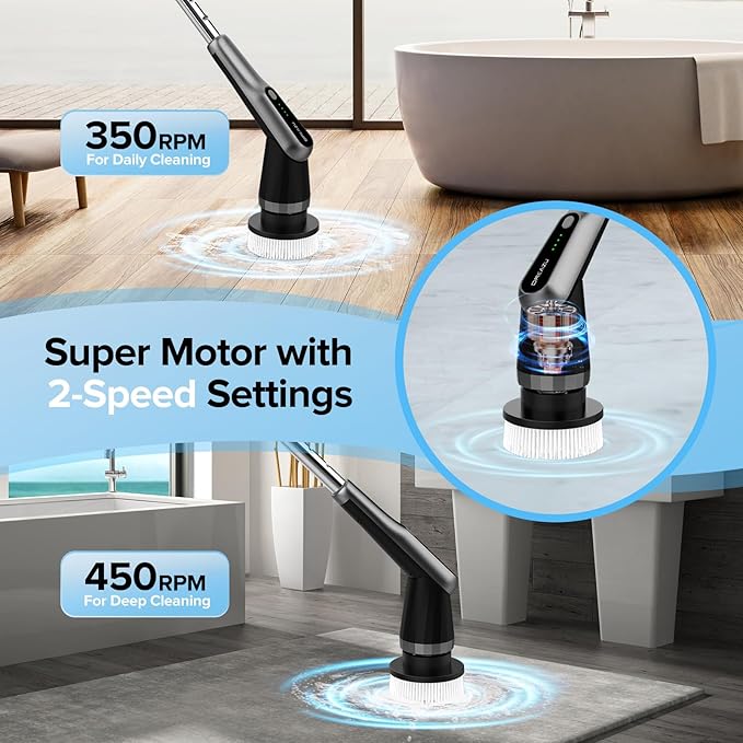 Dreazu G2-Pro Electric Spin Scrubber - IPX7 Waterproof 12-in-1 Shower Cleaner Brush, Retractable Handle & 2-Speed for Bathroom, Bathtub, Kitchen, Tile Floors