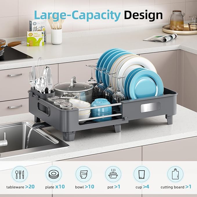 TOOLF Expandable Dish Drying Rack for Kitchen Counter, Gray | Extendable 12.8in to 20.35in,Stainless Steel & PP,One-Minute Quick Assembly,Cutlery Holder,Portable Carry Handle,Space-Saving