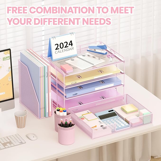OPNICE Desk Organizer, 4-Tier Desktop File Organizer with Drawer and Pen Holders, Office Desk Accessories, File Sorters, Workspace Organizers for Office Supplies(Pink)