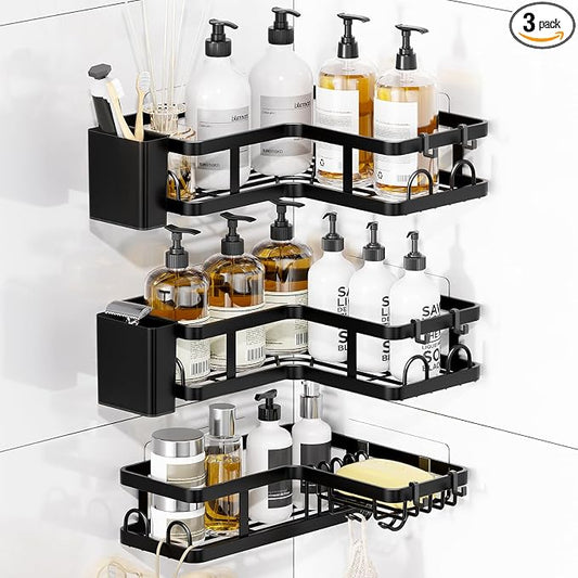 3 Pack Corner Shower Shelves, Rustproof Shower Organizer Caddy | No Drilling Shower Organizer Corner Exclusively for 90 Degree Right-Angle Walls with Hooks and Toothpaste Holder, Black