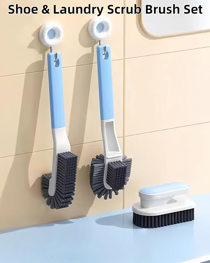 Cleaning Scrub Brush Set Shoe Brush Laundry Brush Scrub Brushes for Stains | 2 Long Handle Shoe Brushes&1 Clothes Brush Ergonomic Handle with Medium Bristles Brush for Sneakers, Footwear,Fabric,Carpet