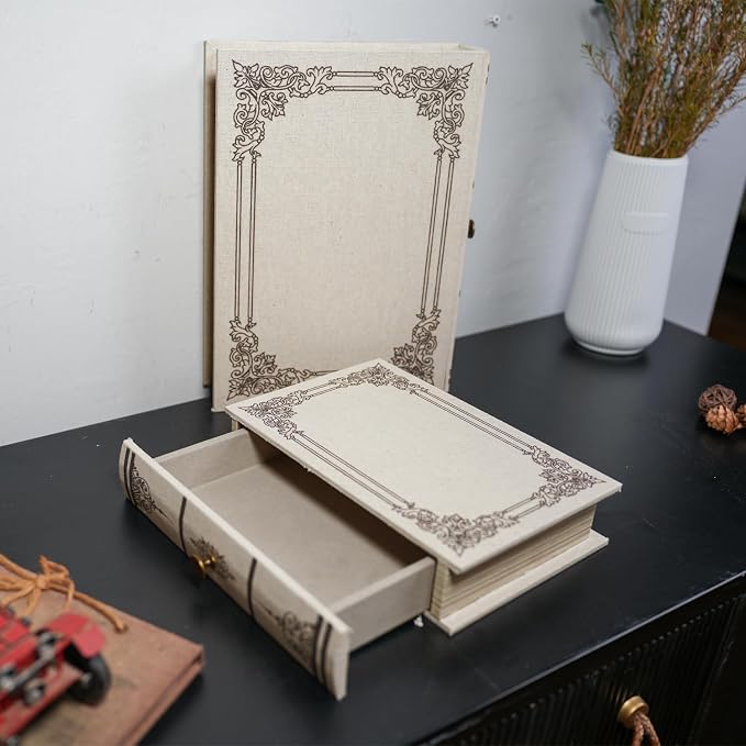Vintage Book Storage Box with Drawer, Natural Linen-Textured Cover with Classic Frame Pattern, Hidden Organizer for Jewelry, Keepsakes or Desktop Use 7″ x 5″ x 1.6″