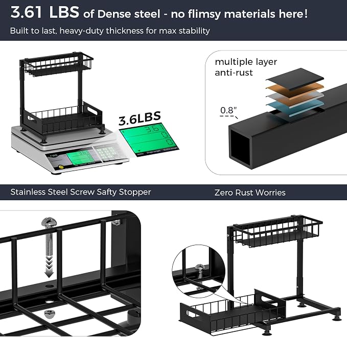 Saydear 2-Pack L-Shaped Under Sink Organizer, 2-Tier Pull-out Cabinet Rack | Black Height-Adjustable Steel Rack, Sliding Grid Drawers with PP Liners, Holds 100 Lbs, Suction Base, Ideal Kitchen Storage