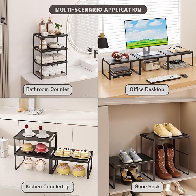Kitchen Counter Oganizer Stackable Cabinet Organizer Shelf Riser, Spice Rack for Countertop, Pantry Organizers and Storage, Heavy Duty Kitchen Counter Shelves for Seasonings,Bowls (3 Pack, Black)