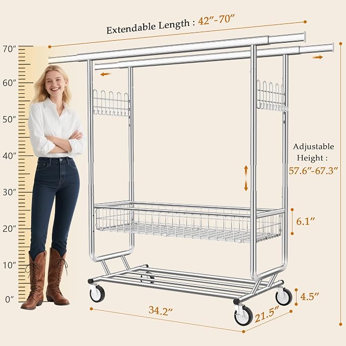 Gewudraw Clothes Rack Heavy Duty Load 1060 LBS With 4" Wheels,Commercial | Double Rod Rolling Clothing Rack,Extendable,Basket,Shelf, Hooks,Garment Rack for Bedroom, Laundry Room & Retail Store,Silver