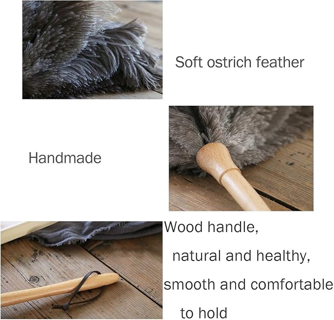 DDZMZ Ostrich Feather Duster for Cleaning with Long Wooden Handle,24" | Genuine Natural Fluffy,Reusable and Washable,Gentle on Delicate Surfaces,for Home,Furniture,Desk