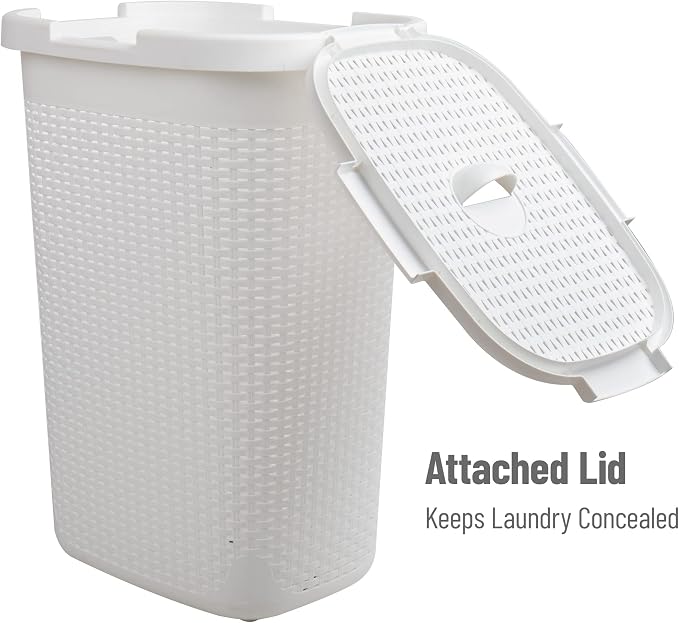 Mind Reader Slim Laundry Hamper with Lid, 60L Tall Clothes Basket, Narrow Tapered Design for Bathrooms, Closets and Laundry Rooms, Plastic, 2 Pack, White