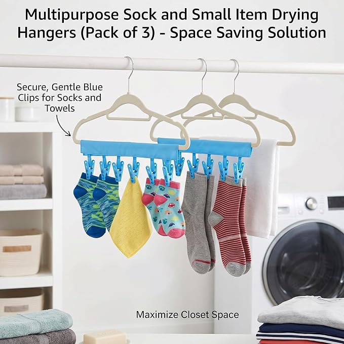 Mini Clothespins Travel Hangers 3-Pack Solid Blue, Foldable Portable Clothes Hangers with 6 Non-Slip Clips for Socks Swimsuit Towel Drying Rack, Cruise Dorm Camping Travel Essentials