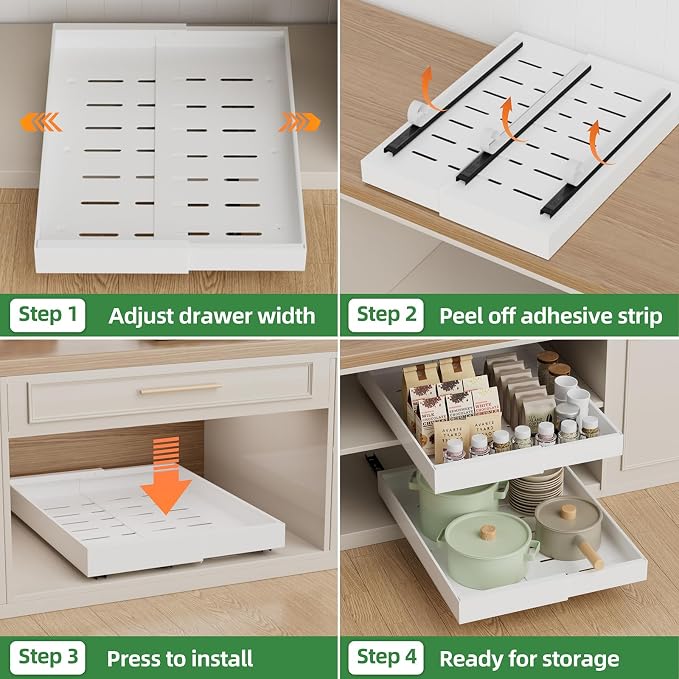 PAKETA 4 Pack Expandable Pull Out Cabinet Organizer,21" Deep | Pull Out Drawers for Cabinets with width from 9" to 14",Sliding Drawers for Cabinets with Upgrade 3 Slide Rails,hold 65 lbs