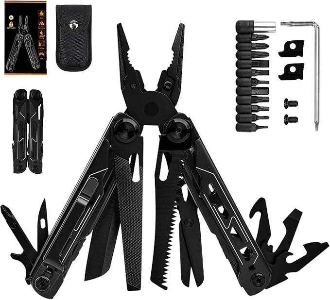 28-in-1 Multitool Pliers with Scissors,Saw, Screwdrivers,Rope Cutters,Can Opener,File,Carrying Pouch,Stainless Steel Pocket Multi-Tool Ideal for Camping Survival Toolkit and Gift for him (Black)