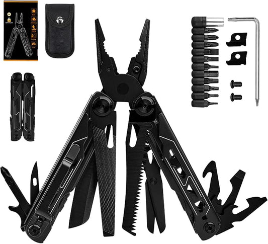 28-in-1 Multitool Pliers with Scissors,Saw, Screwdrivers,Rope Cutters,Can Opener,File,Carrying Pouch,Stainless Steel Pocket Multi-Tool Ideal for Camping Survival Toolkit and Gift for him (Black)