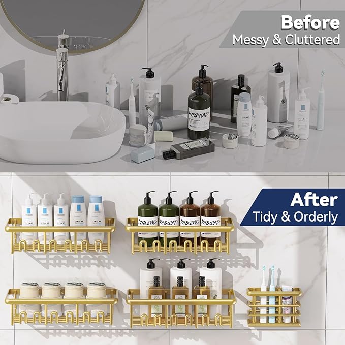 8 Pack Adhesive Rustproof Shower Caddy with Soap Dishes, Toothbrush Holder & Hooks, Large Capacity No-Drilling Shower Shelves Rack for Bathroom Organizers and Storage Accessories, Gold