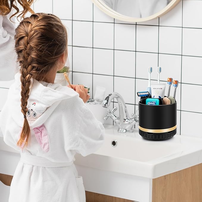 GFWARE Bathroom Organizer Countertop - Rotating Black Toothbrush Holder for Bathroom Accessories Organization Detachable 6 Slots Bathroom Sink Storage Caddy Vanity Organizer