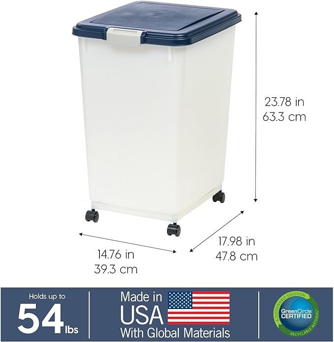 IRIS USA Dog Food Storage Container, Up to 54 Pounds, Attachable Wheels, For Dog Cat Bird and Other Pet Food Storage Bin, Keep Fresh, Easy Mobility - Made in USA, Navy/Pearl