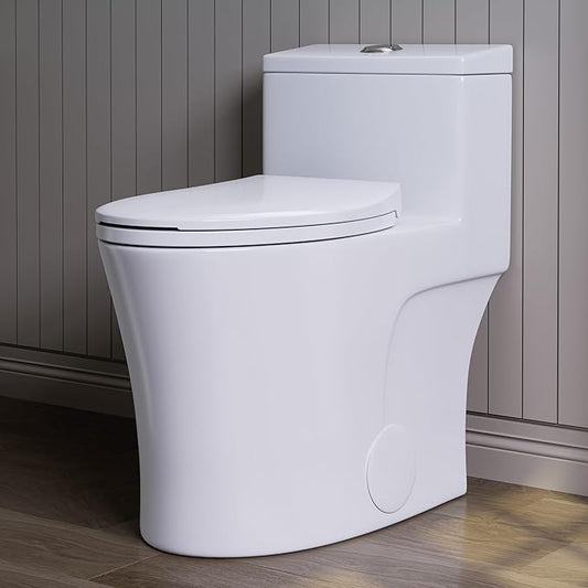 HOROW T0338WM Elongated One Piece Toilet Matte White, ADA Toilet 17.3" with Comfort Chair Height Seat, 0.8/1.28 GPF Powerful Dual Flush Toilet for Bathroom, 12" Rough-in Skirted Toilet Bowl