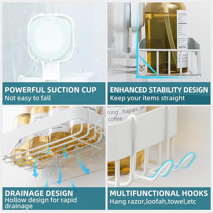 TAILI Shower Caddy Suction Cup Stainless Steel Rustproof Shower Shelves, No Drilling Wall Mounted Basket, Upgraded Removable Suction Cup Bathroom,White 3pack
