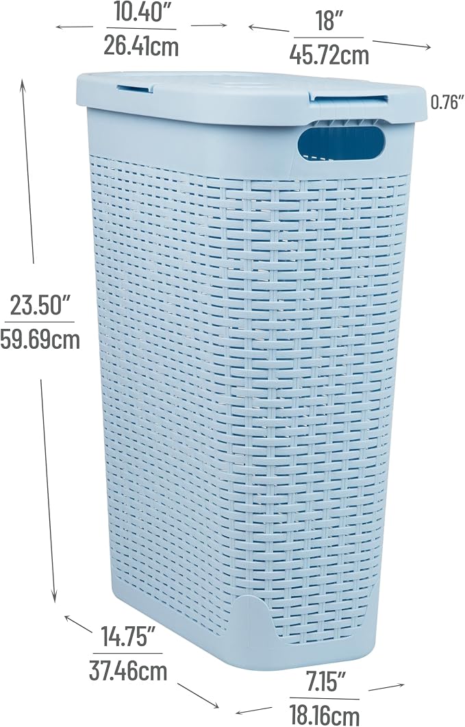 Mind Reader Slim Laundry Hamper with Lid, 40L Clothes Basket, Narrow Tapered Design with Ventilated Cutout Pattern, Plastic, Baby Blue