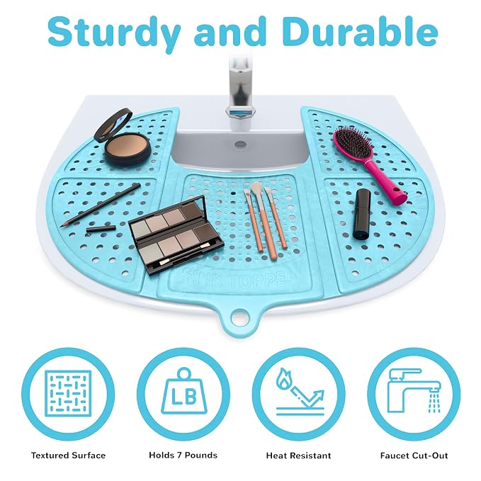 Sink Topper Bathroom Sink Cover for Counter Space, Standard Blue | Holds up to 7 lb on a steel frame; fits over basins to 19 in; 480°F silicone, hot tools; foldable makeup mat; RV, camper