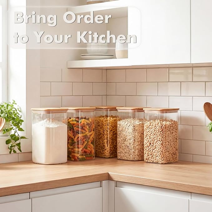 4.6Qt Large Glass Flour Sugar Storage Containers with Bamboo Lids | Wide Mouth Design, With Measuring Cup, Minimalist Kitchen Organizer,Scandinavian Style Storage,Nordic Style Storage