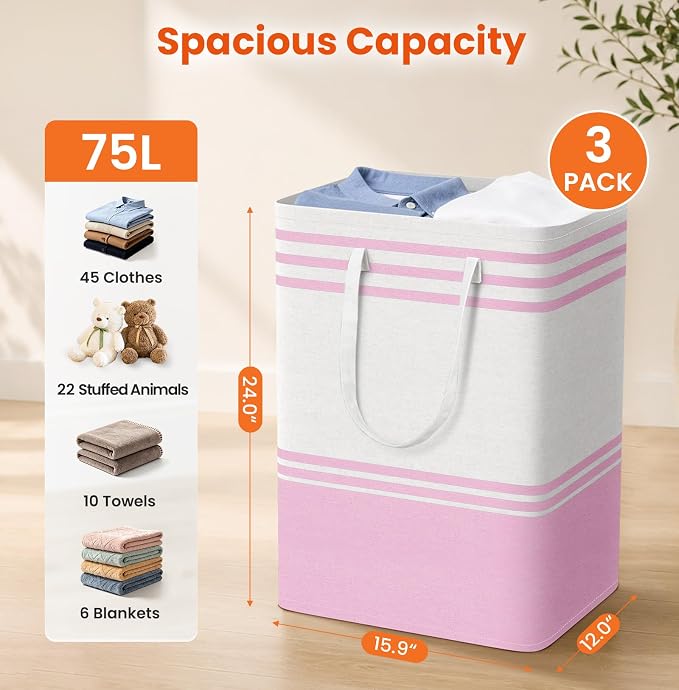 TranquilRelax 3-Pack Laundry Basket, Laundry Hamper, Pink-75L | Freestanding＆Water-Resistant Laundry Hamper, Collapsible Tall Clothes Hamper with Carry Handles for Clothes, Laundry Basket