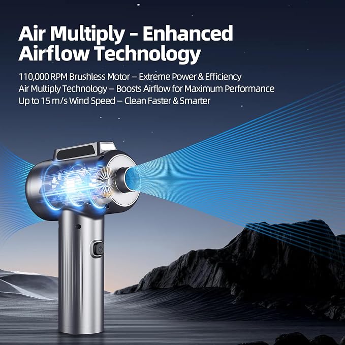 Compressed Air Duster, 110000RPM Ultra-Powerful Electric Air Duster with LED Light, 3-Speed Adjustable, Rechargeable Cordless Mini Blower for Computer, Keyboard, Car, PS5, Outdoor & Home Cleaning