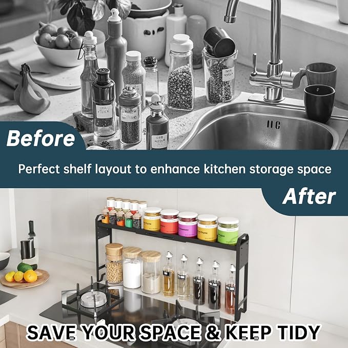 Over The Sink Shelf & Window Plant Shelf, Expandable Kitchen Organization Adjustable in Height & Length, Multi-Purpose Storage Rack for Stove, Bathroom, Study