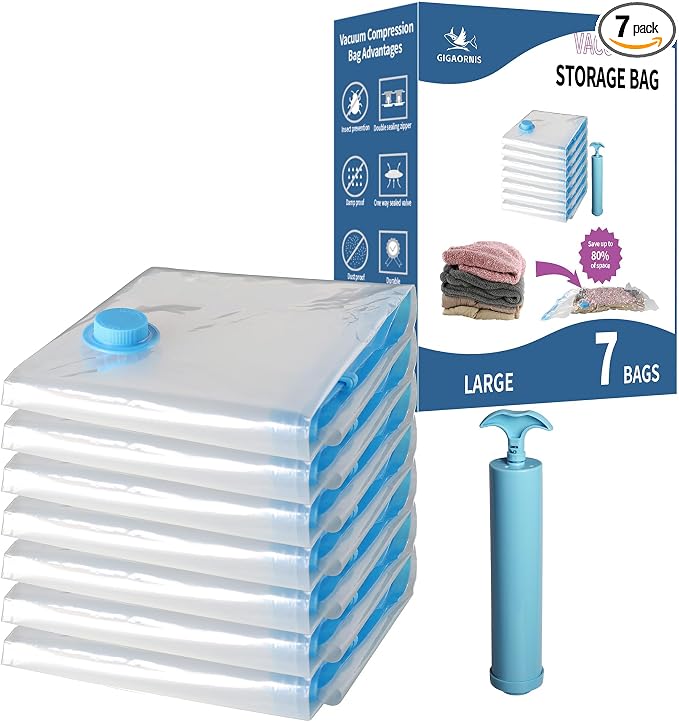 Vacuum Storage Bags Large 7 Pack Hand Pump, 80% Space Saver Vacuum Seal Bag | Plastic Vacuum Sealer Compression Bag, Space Saving Reusable for Clothing, Moving, Packing, Clothes, Blankets, Pillows, Towel