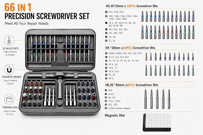 DYLIFE 66 in 1 Magnetic Ratcheting Screwdriver Set with Detachable Handle | S2 Steel Bits, Flexible Shaft for Electronics, Computer, Furniture, Bike, DIY
