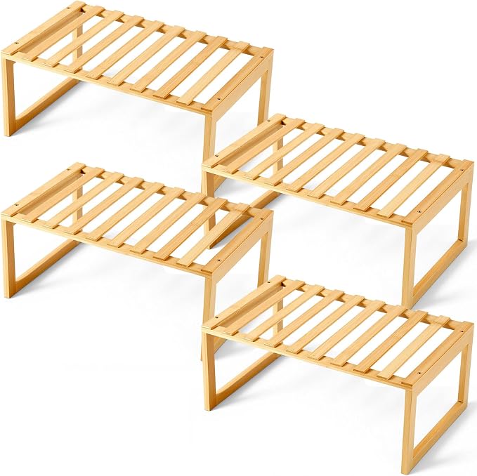 4 Pcs Kitchen Cabinet Organizer Bamboo Bookshelf Bamboo Kitchen Shelves, Rectangle Cabinet Shelf Organizer, Storage Shelves for Pantry Bathroom Dining Room Study Laundry