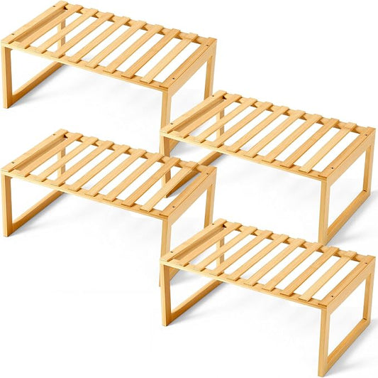 4 Pcs Kitchen Cabinet Organizer Bamboo Bookshelf Bamboo Kitchen Shelves, Rectangle Cabinet Shelf Organizer, Storage Shelves for Pantry Bathroom Dining Room Study Laundry