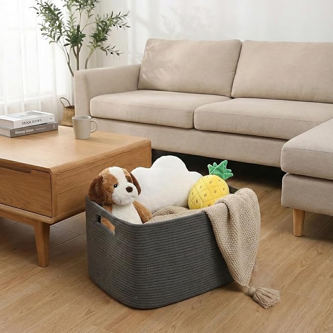 JMvicyroam 96L Large Woven Cotton Rope Blanket Basket, Grey | Blanket storage for living room or bedroom use, Freestanding with reinforced handles, Entire basket is machine washable
